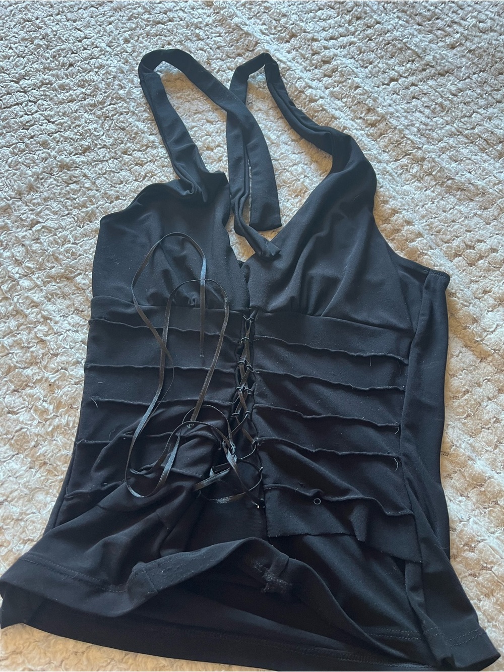 Black Women's Sleeveless Lace-Up Ruffled Halter Top